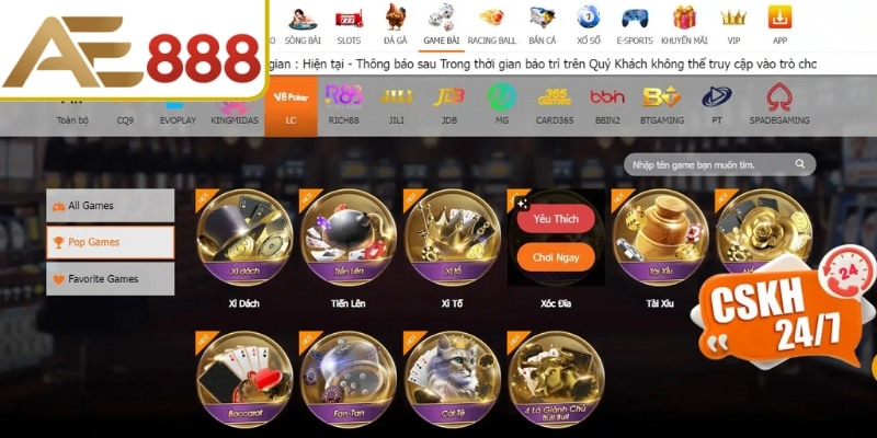 Sảnh game bài AE888 và những thông tin cụ thể 